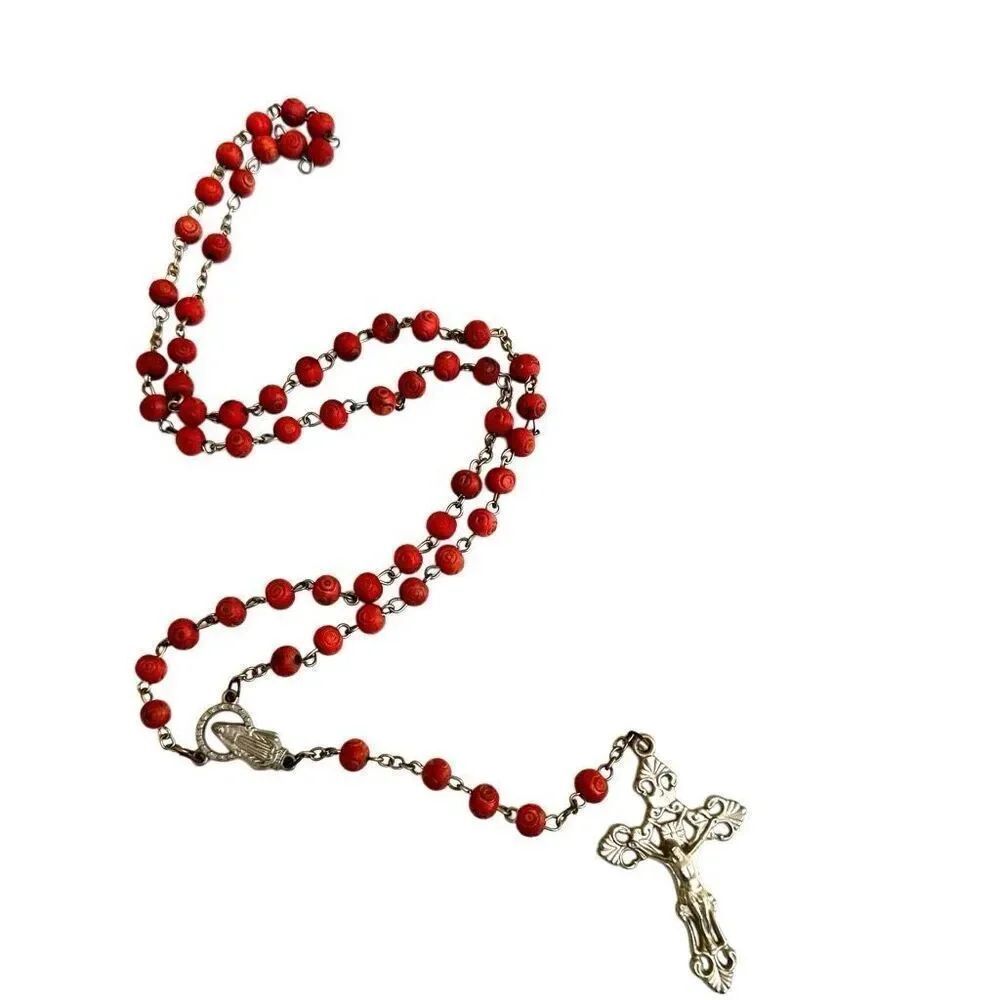 Red CARVED WOOD beaded SILVER TONE ROSARY
